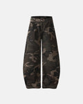 Black camo barrel jeans with studded embellishments from Flation Streetwear, showing the textured fabric and relaxed fit style.