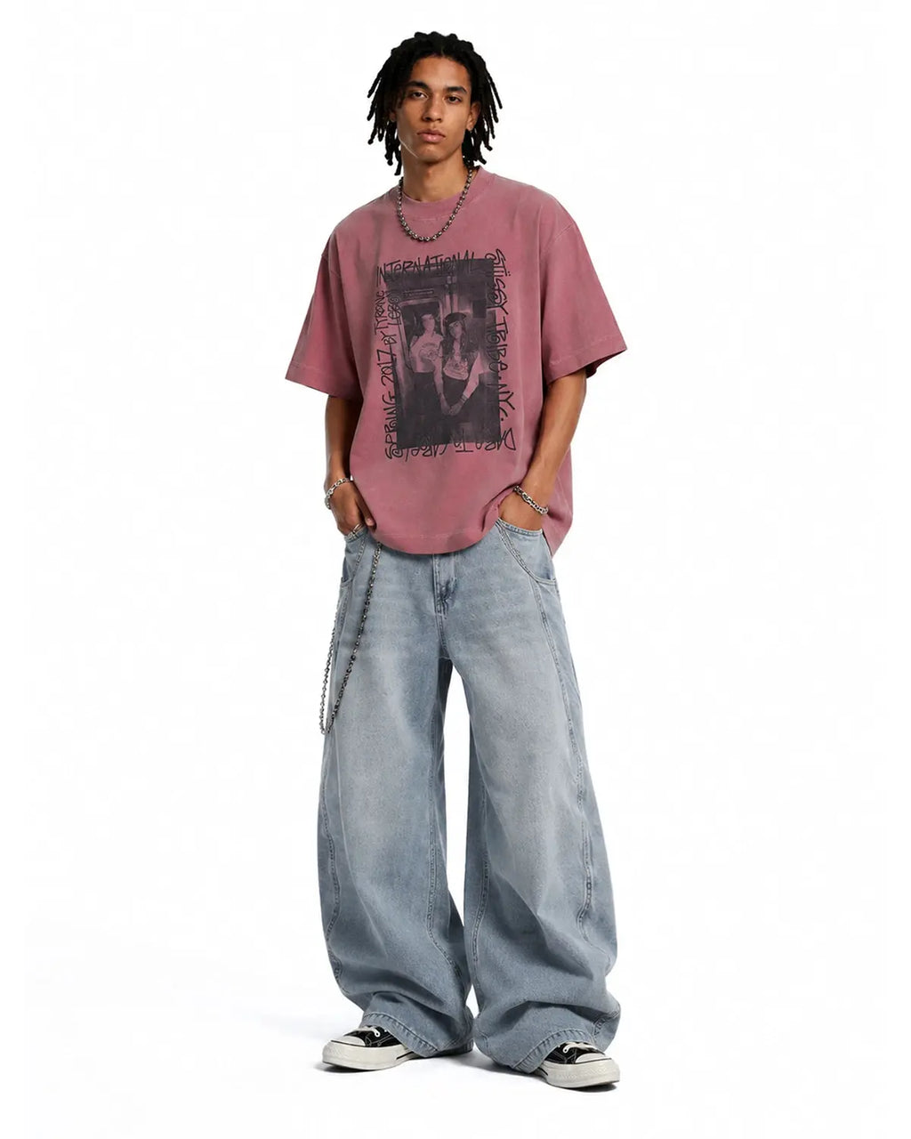 Pink vintage graphic washed oversized T-shirt by Flation Streetwear, featuring bold retro print and relaxed fit.