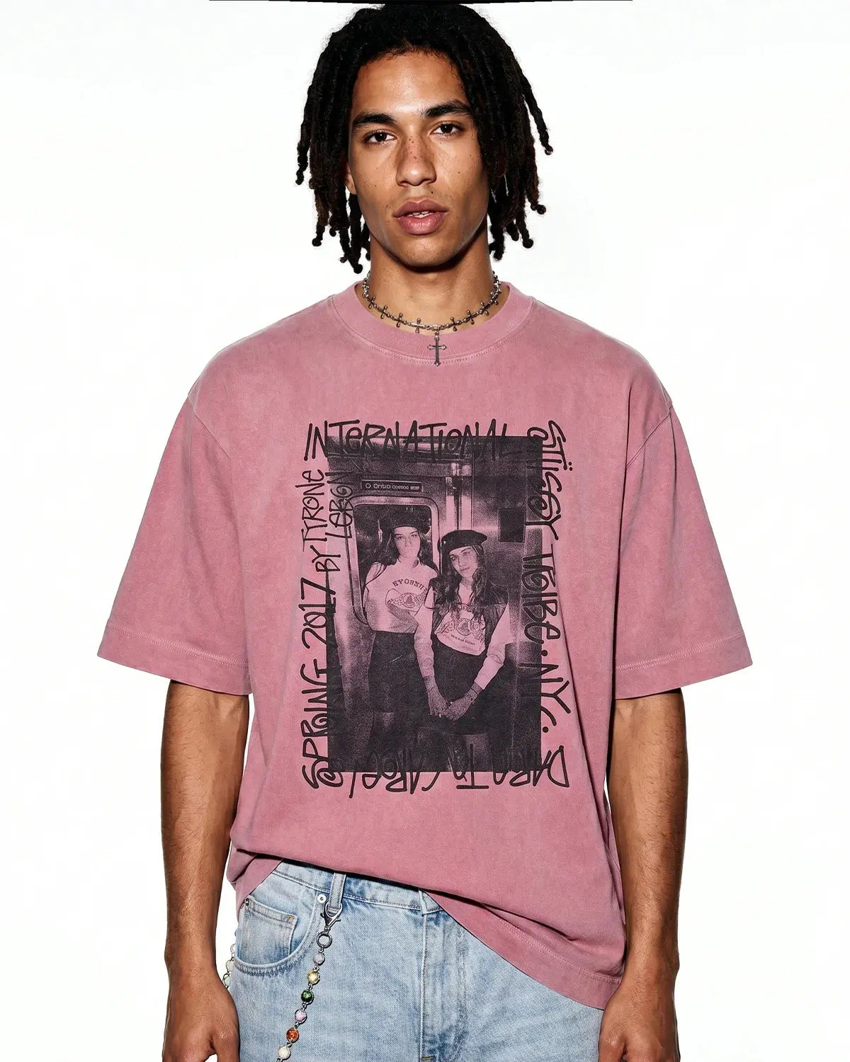 Pink vintage graphic washed oversized T-shirt by Flation Streetwear, showing a relaxed fit and faded graphic design.