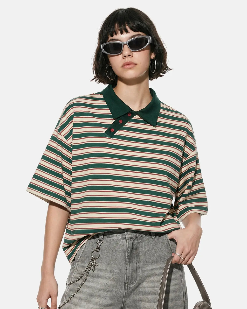 Flation streetwear polo shirt with asymmetric collar and bold striped pattern, casual and stylish men's t-shirt.