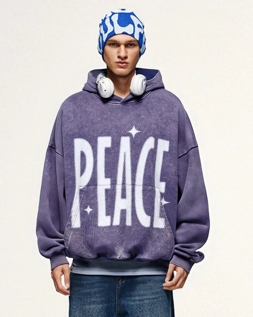 Acid washed "Peace" hoodie by Flation Streetwear, showcasing the relaxed fit and stylish distressed fabric design.