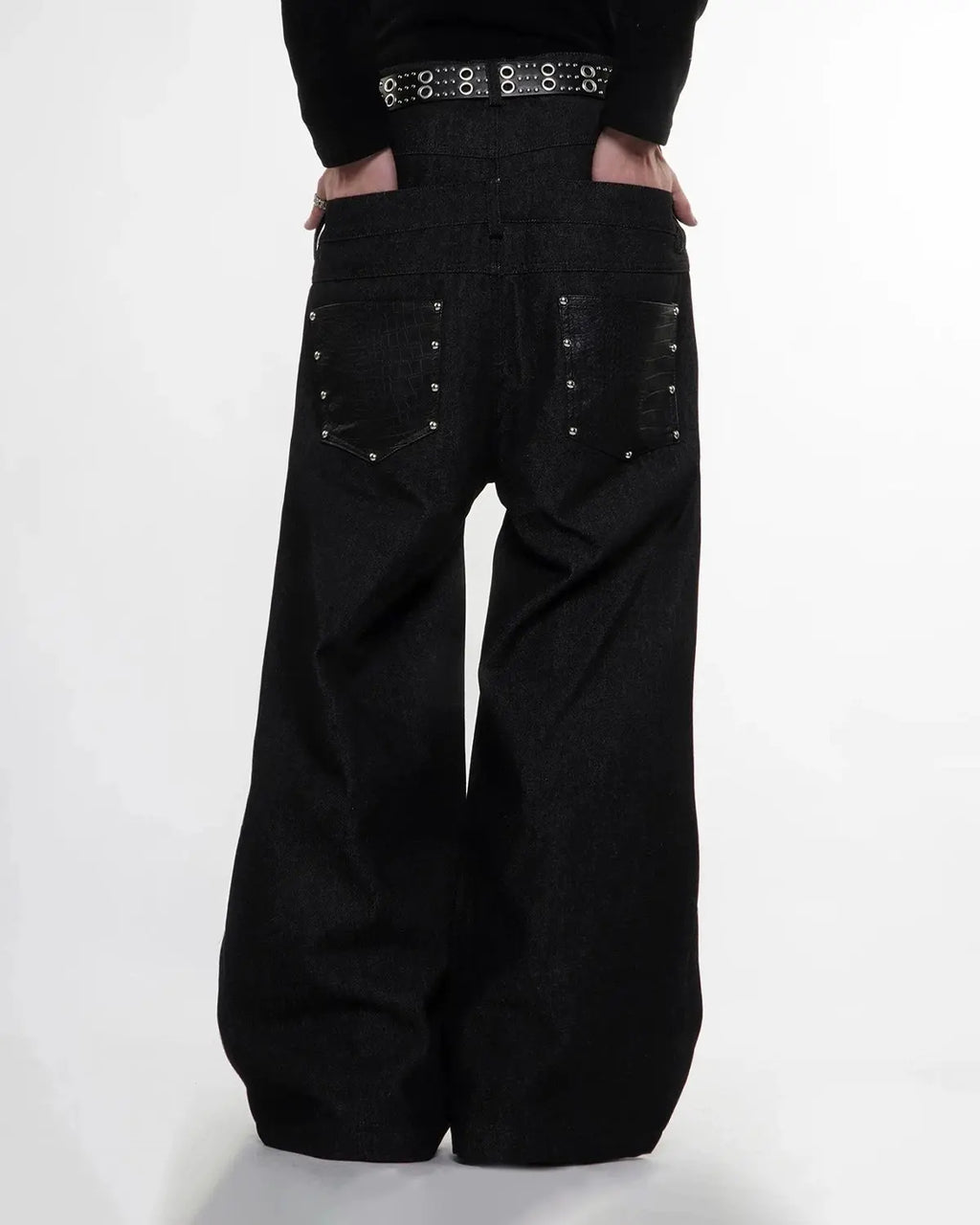 Black Flation streetwear double waistband raw super baggy jeans with relaxed fit and distressed details.
