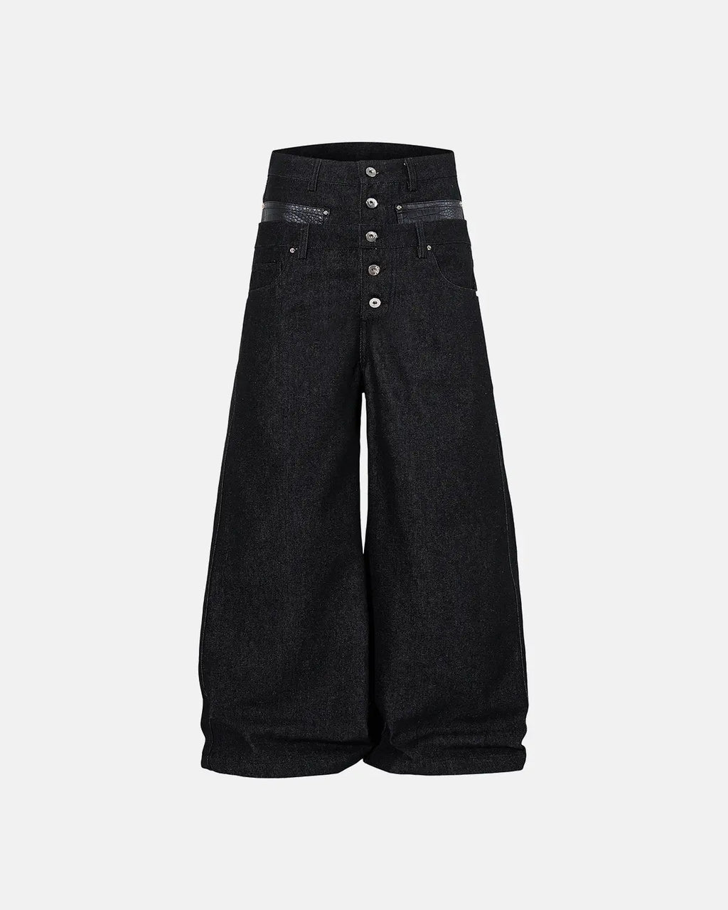 Black double waist raw super baggy jeans from Flation Streetwear, featuring a relaxed fit and distressed raw denim style.