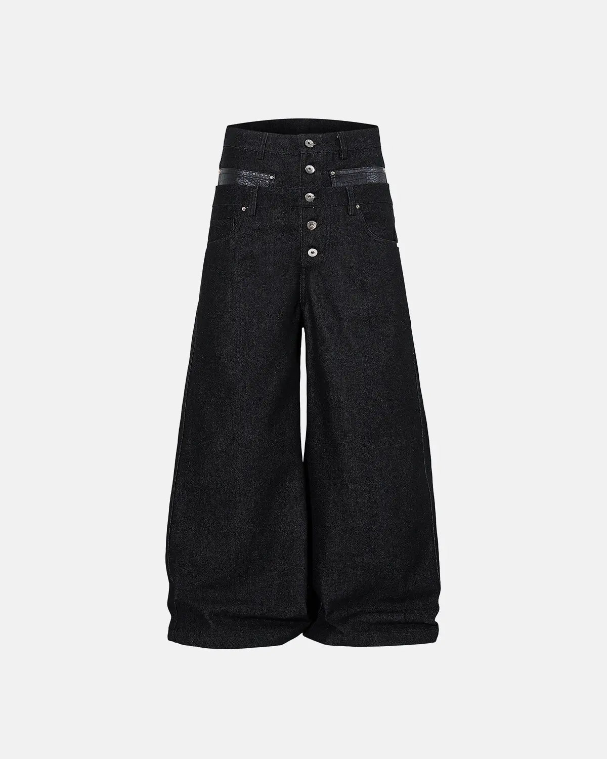 Black double waist raw super baggy jeans from Flation Streetwear, featuring a relaxed fit and distressed raw denim style.