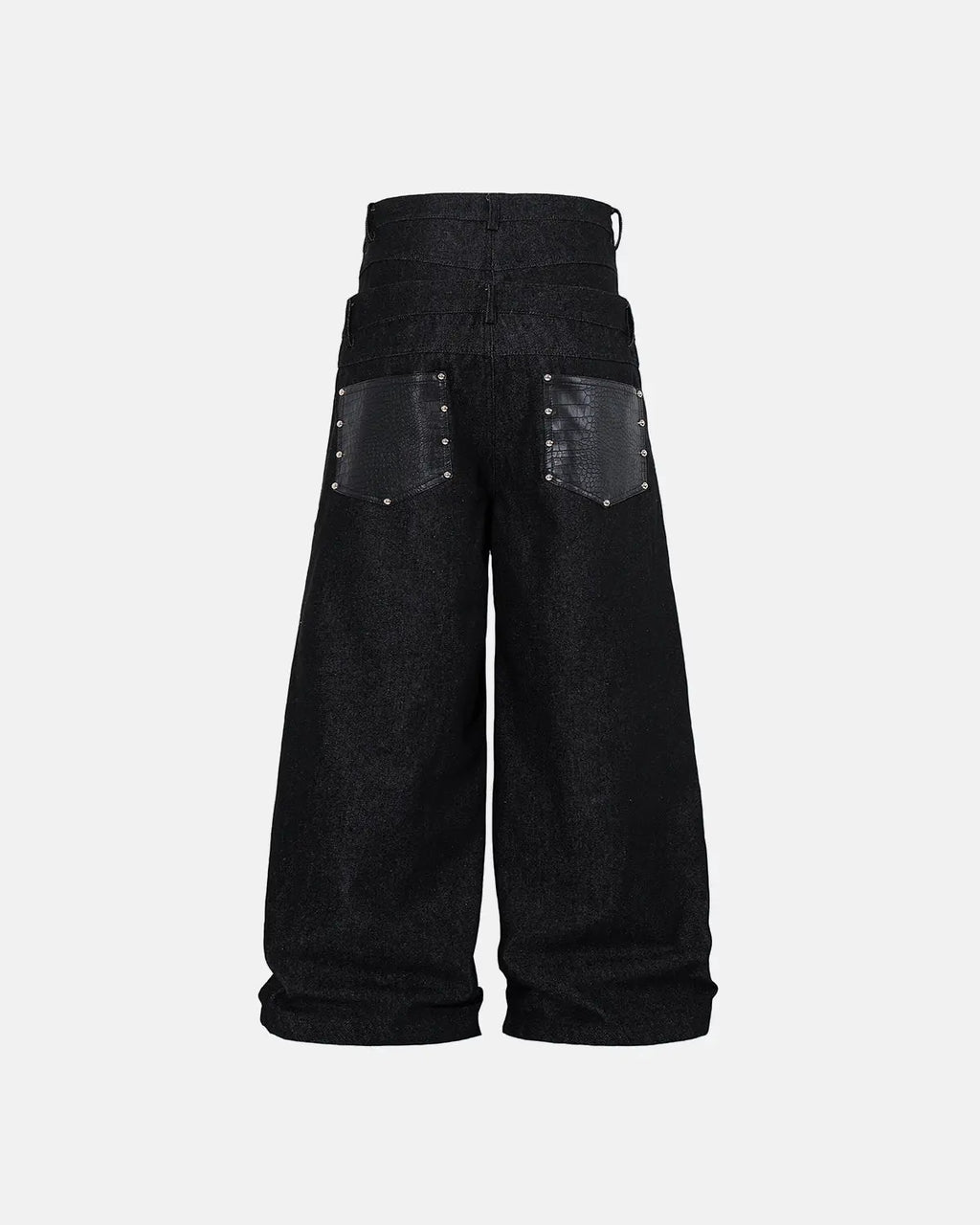 Black double waist raw super baggy jeans by Flation Streetwear, showcasing a loose fit with raw hem details.