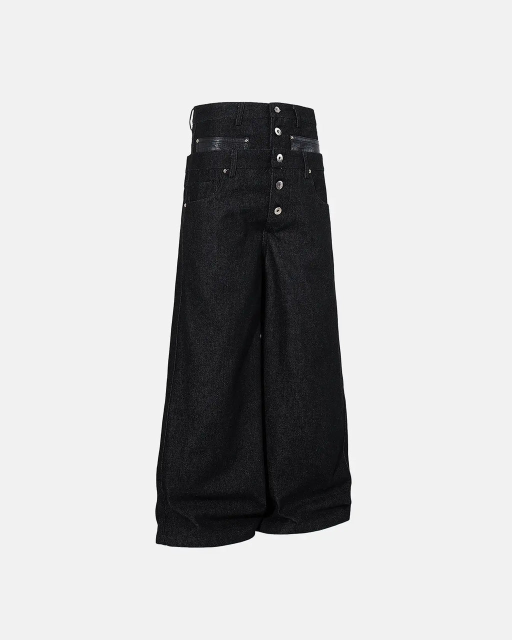Black double waist raw super baggy jeans by Flation Streetwear, featuring a loose fit and raw denim details.