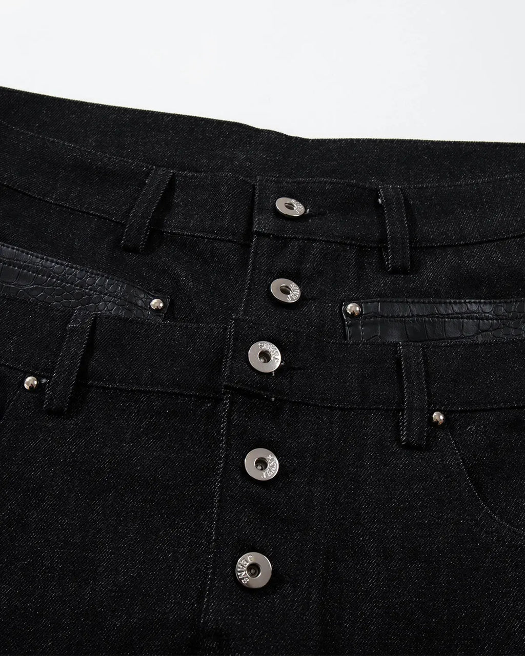 Black double waist raw super baggy jeans by Flation Streetwear, featuring a relaxed fit and distressed raw denim style.