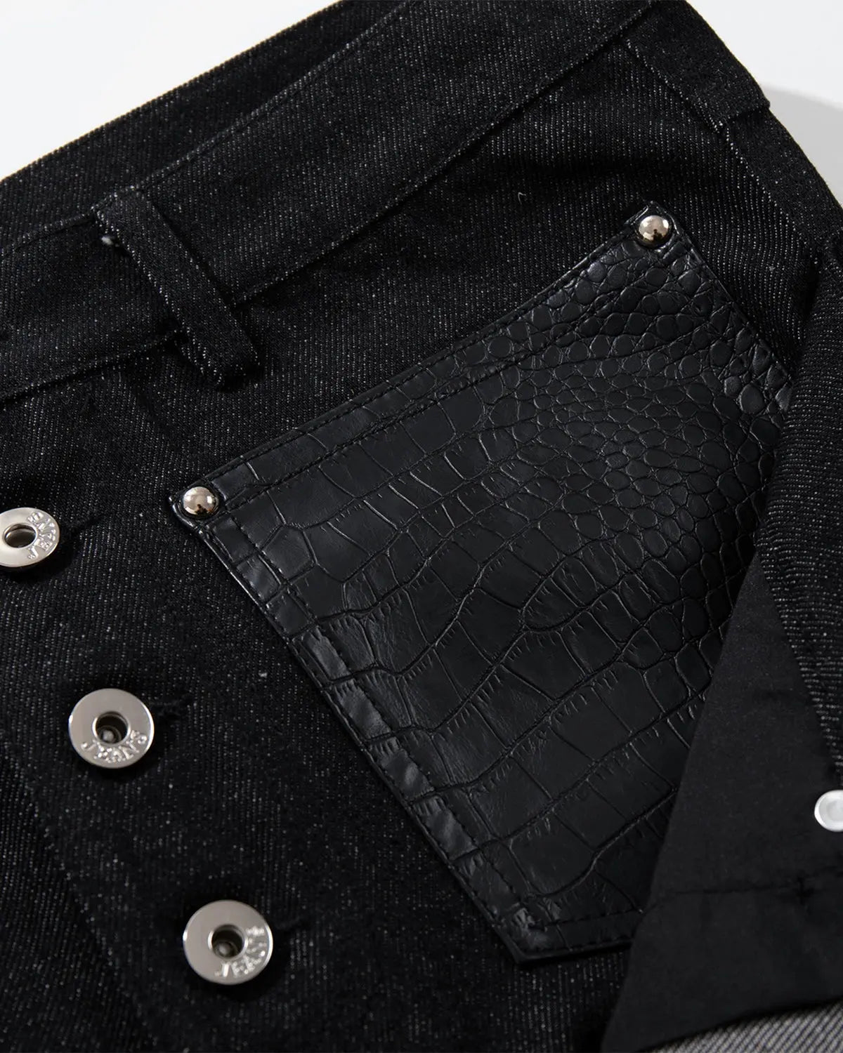 Black Flation streetwear double waist raw super baggy jeans with distressed details and relaxed fit, styled for a casual urban look.