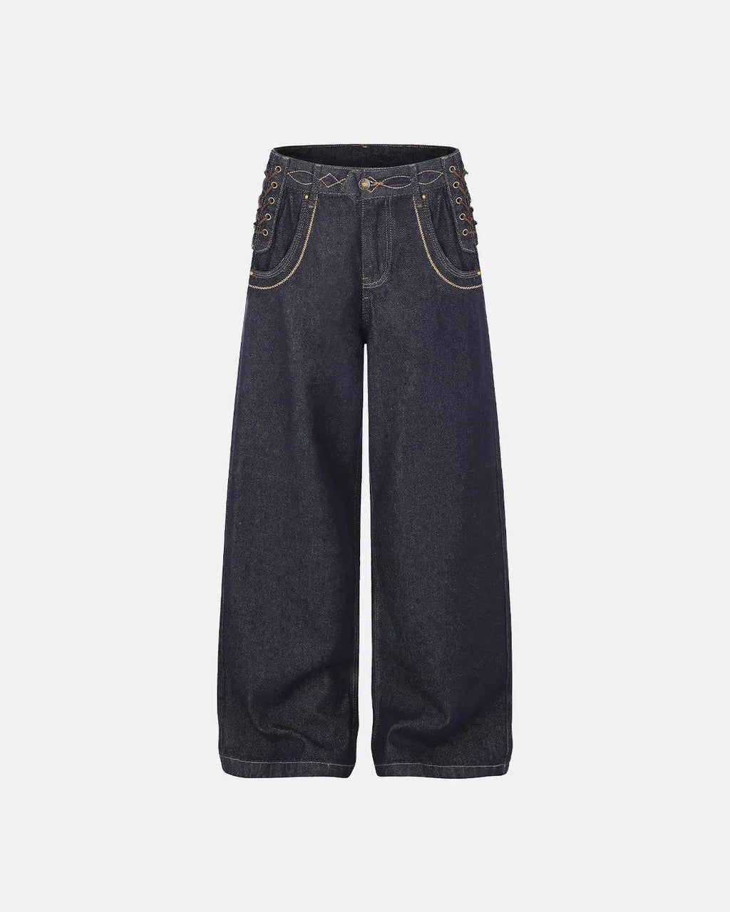 Black side lace-up raw baggy jeans by Flation Streetwear featuring relaxed fit, raw denim texture, and casual street style.