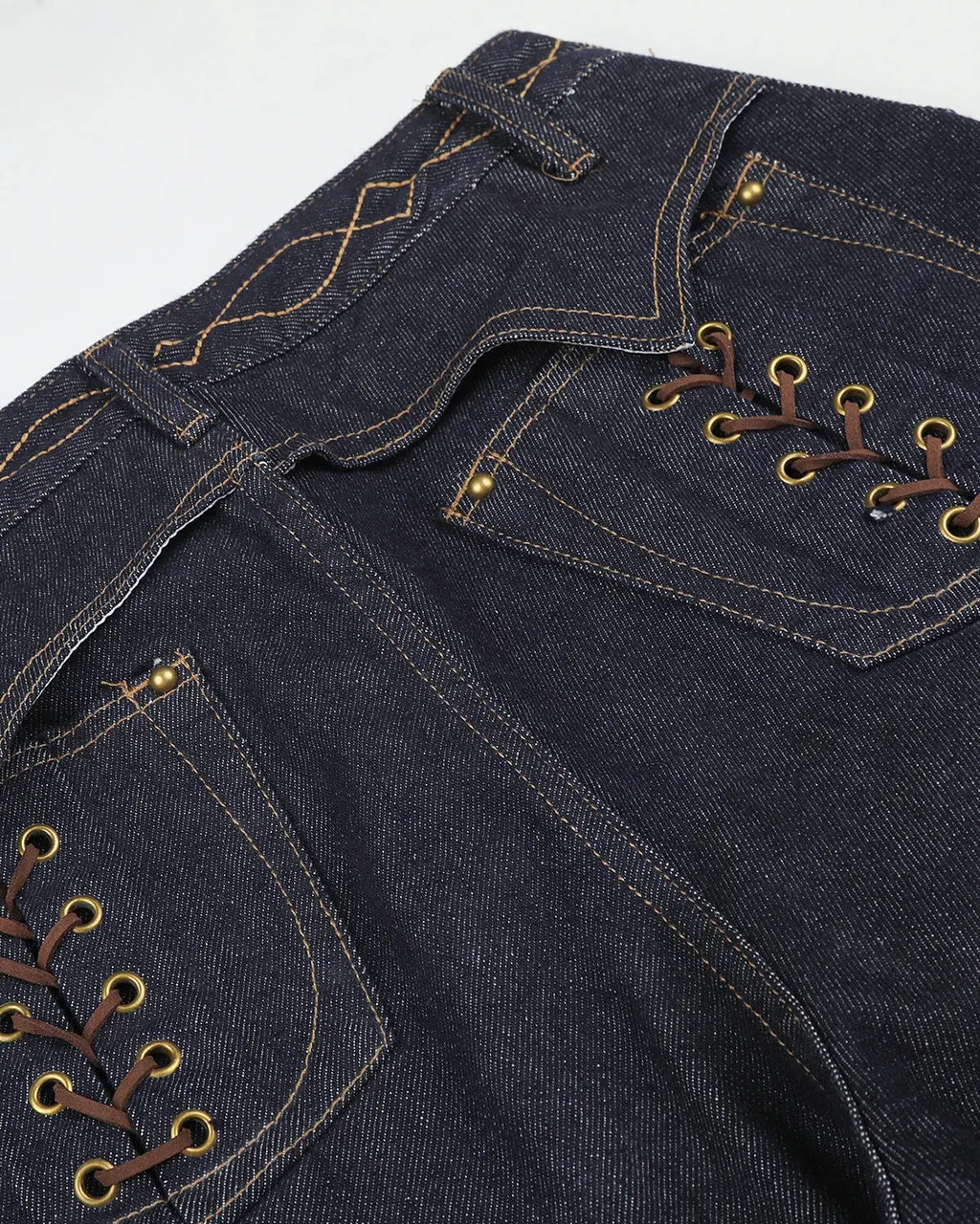Black side lace-up raw baggy jeans by Flation Streetwear, featuring a loose fit and raw hem detail.