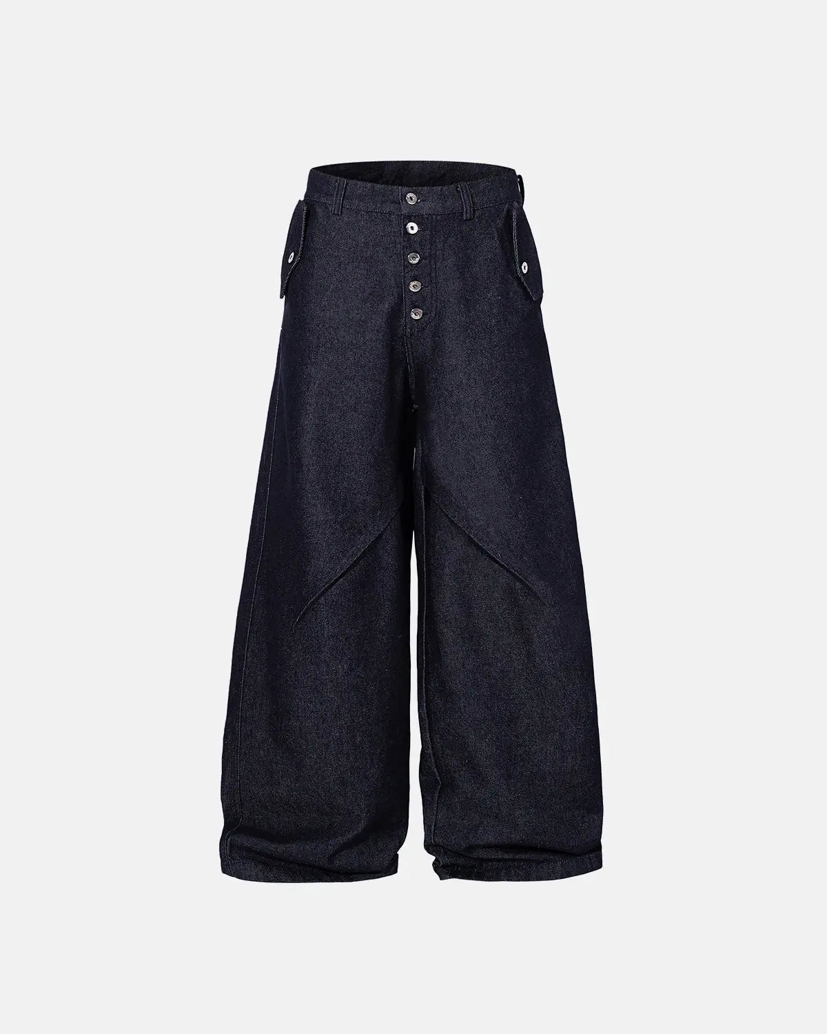 Raw blue baggy jeans from Flation Streetwear with button-up front and relaxed fit, showcased on a model.