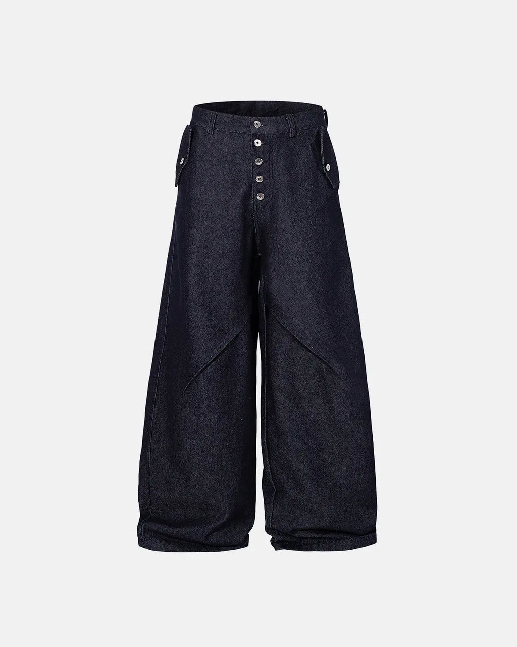 Blue baggy jeans with button-up fly from Flation Streetwear, featuring a relaxed fit and raw denim finish.