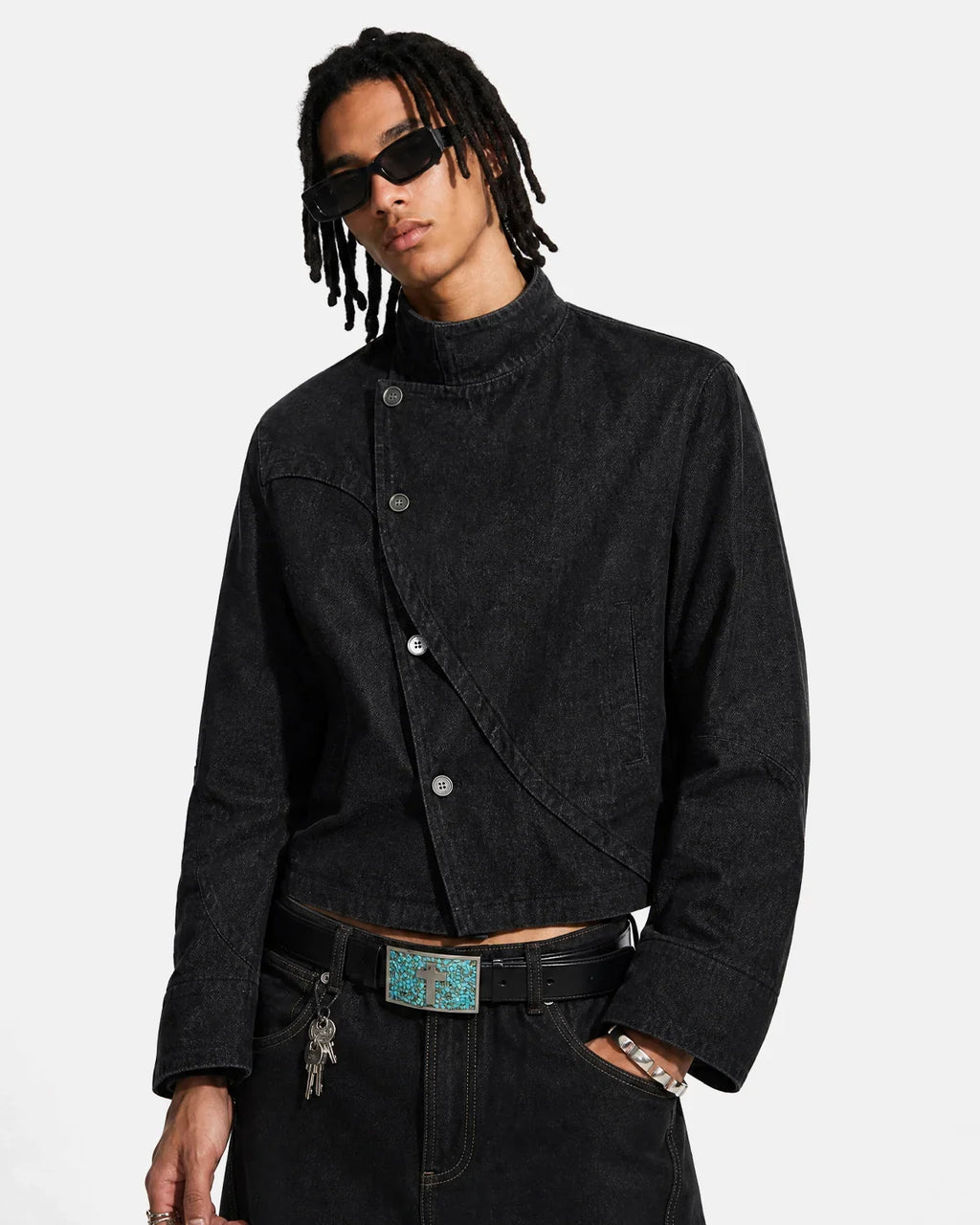 Cropped asymmetric button denim jacket by Flation Streetwear featuring raw hem and stylish street fashion design.