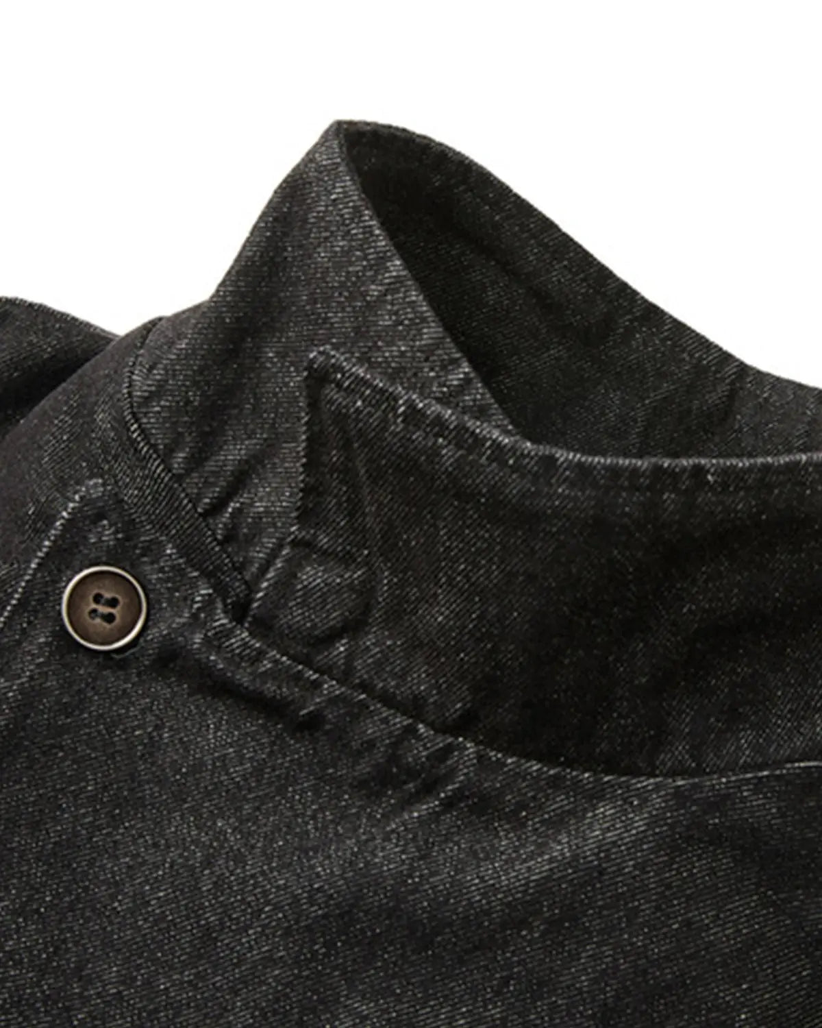 Flation Cropped Asymmetric Button Denim Jacket with raw hem and streetwear style, featuring asymmetric design and metal buttons.