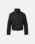 Gray cropped asymmetric denim jacket with button details from Flation Streetwear, casual streetwear style.