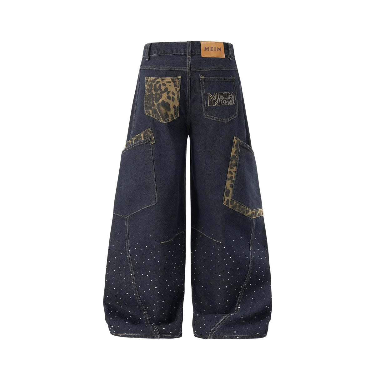Leopard patch rhinestone barrel jeans by Flation Streetwear featuring leopard print patches and rhinestone embellishments.