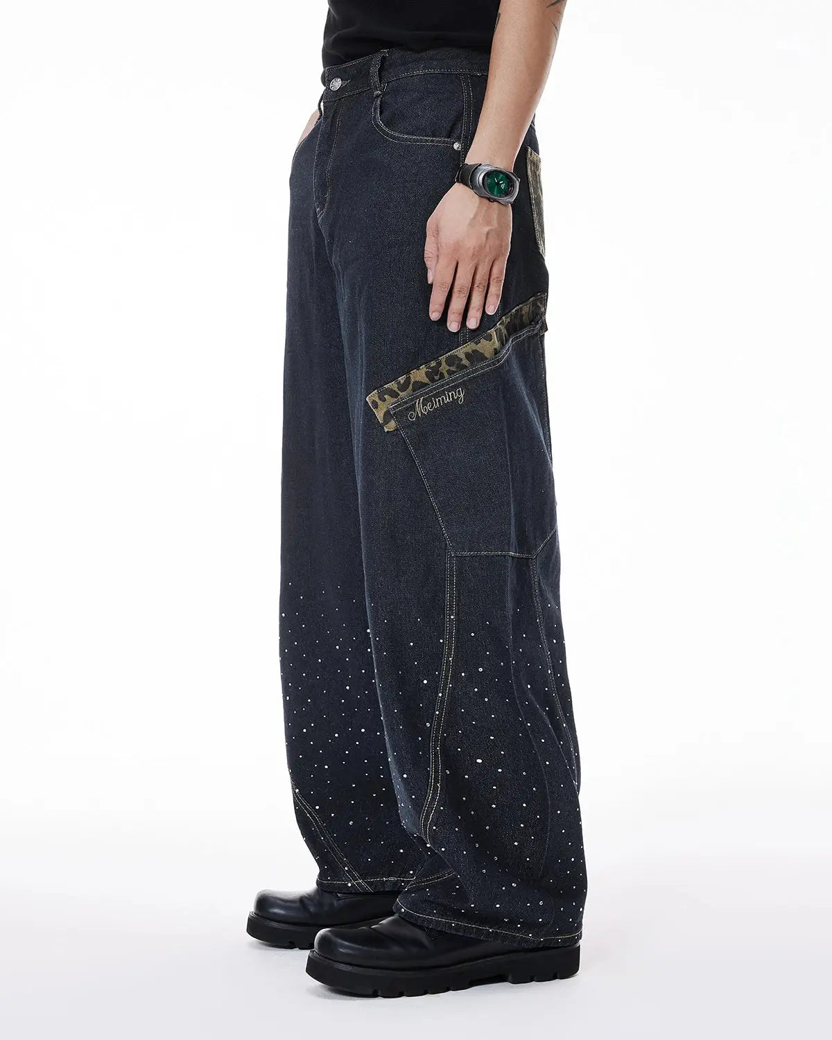 Leopard patch rhinestone barrel jeans by Flation Streetwear featuring bold animal print and sparkling rhinestone accents.