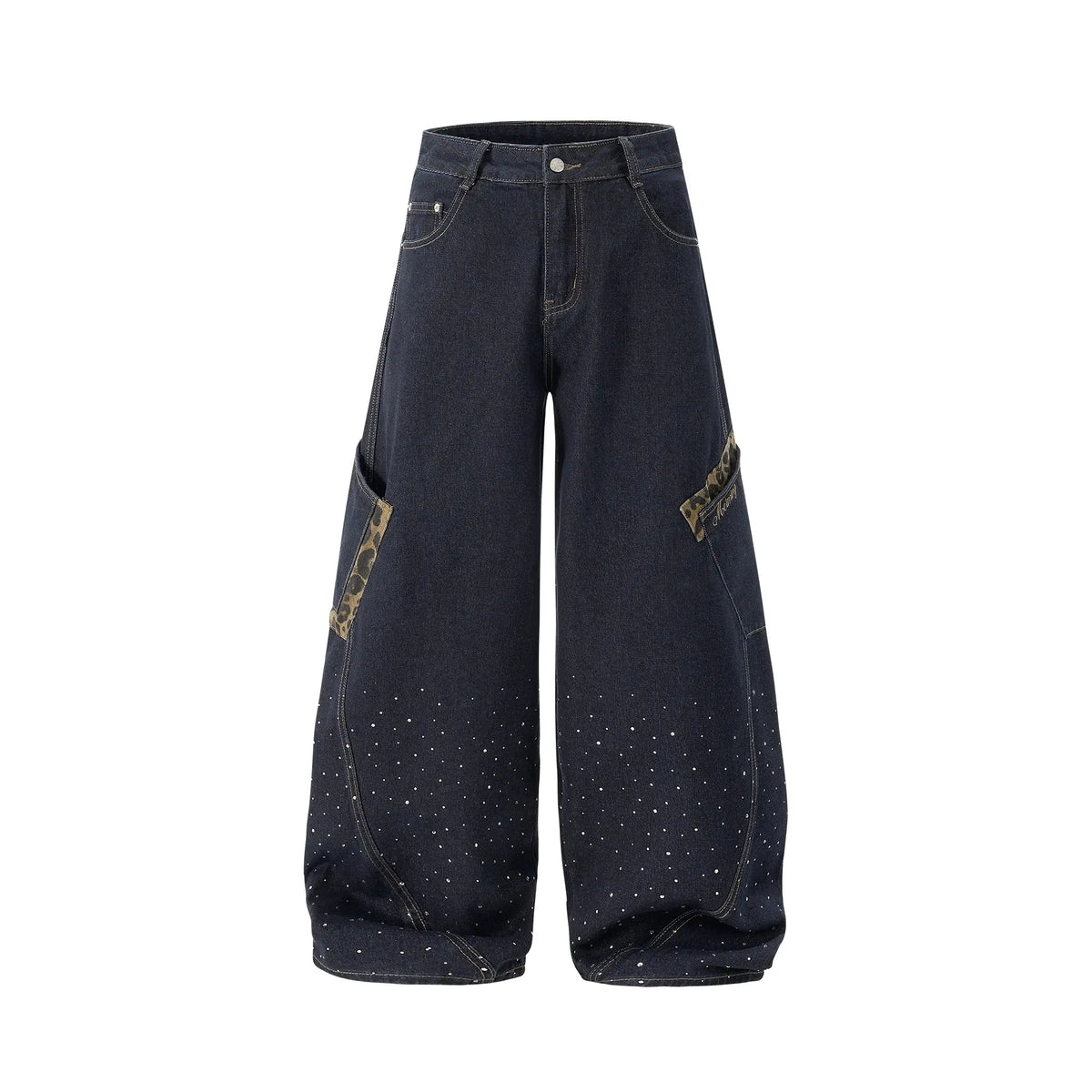 Leopard patch rhinestone barrel jeans by Flation Streetwear featuring bold leopard print, rhinestone accents, and relaxed fit.