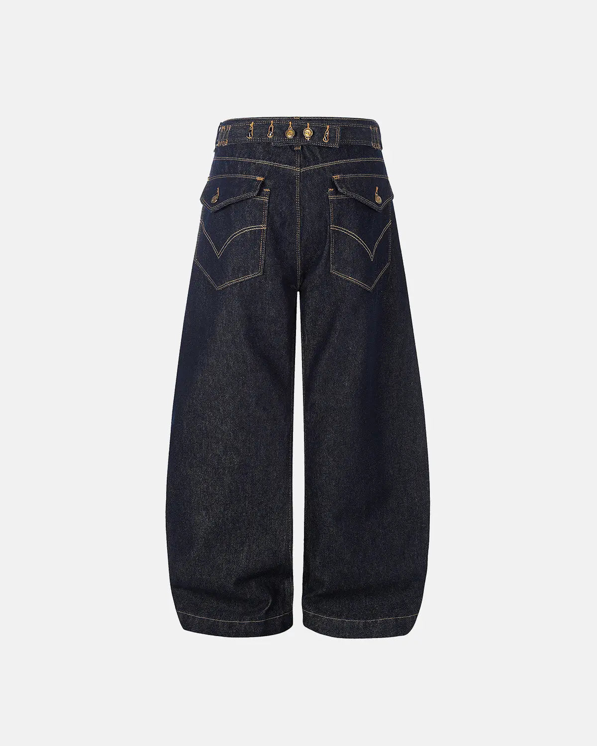Flation Raw Wash Barrel Jeans with Cinch Back featuring distressed denim and relaxed fit, streetwear style.