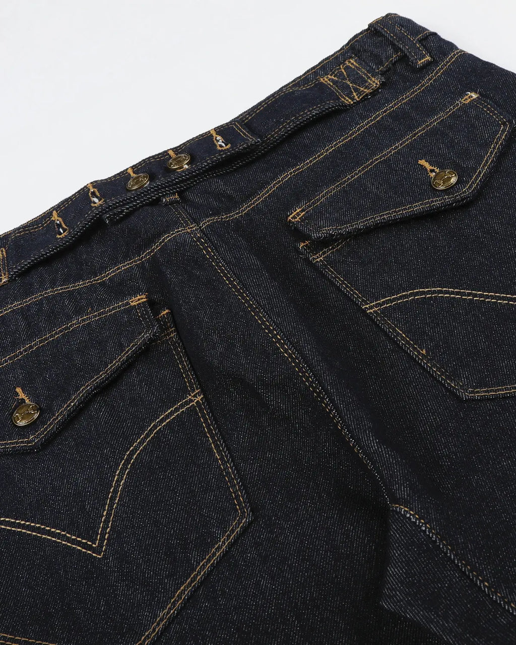 Raw wash barrel jeans with cinch back from Flation Streetwear, featuring a relaxed fit and distressed denim details.