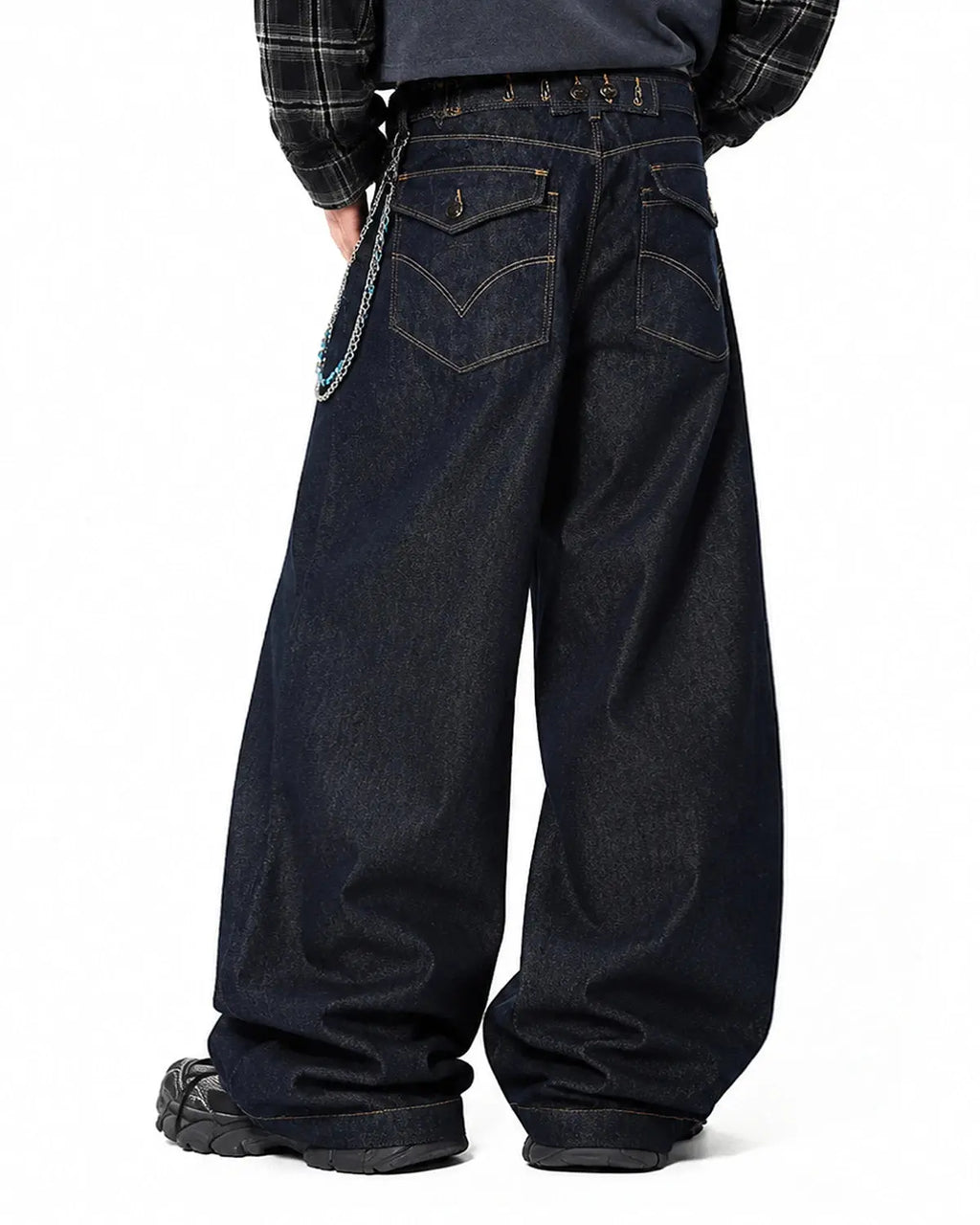 Raw wash barrel jeans with cinch back from Flation Streetwear, featuring a relaxed fit and distressed denim details