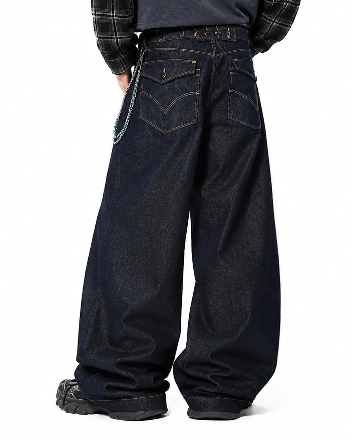 Raw wash barrel jeans with cinch back from Flation Streetwear, featuring a relaxed fit and distressed denim details