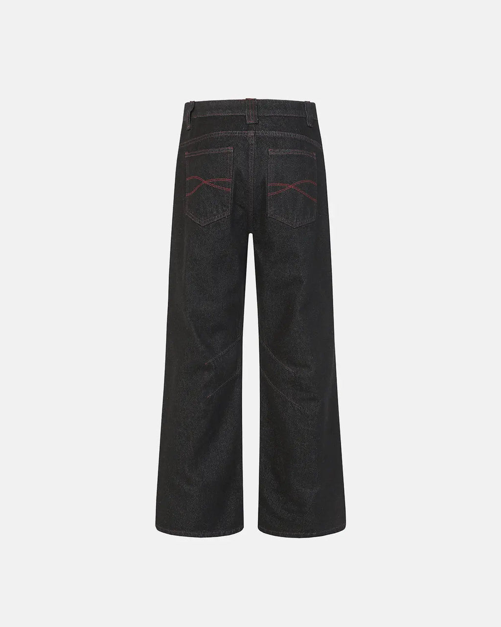 Deconstructed raw bootcut jeans with prominent stitching from Flation Streetwear, showcasing a relaxed fit and distressed denim style.