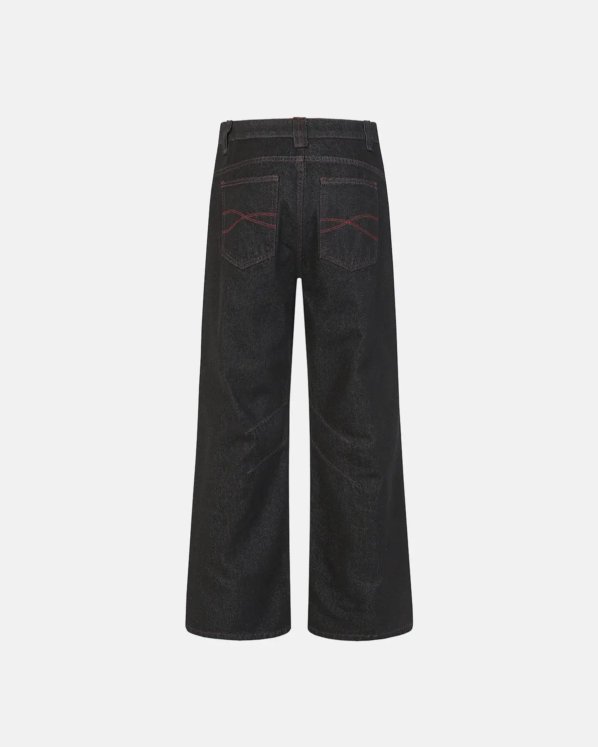 Deconstructed raw bootcut jeans with prominent stitching from Flation Streetwear, showcasing a relaxed fit and distressed denim style.