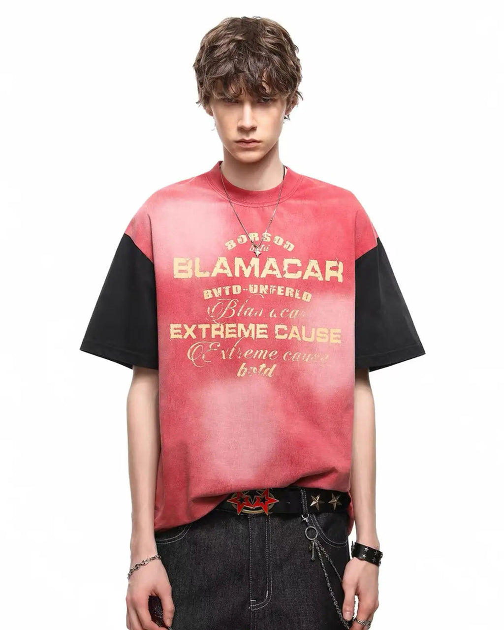 Patchwork washed graphic T-shirt by Flation, featuring colorful stitched fabric patches and bold printed design.