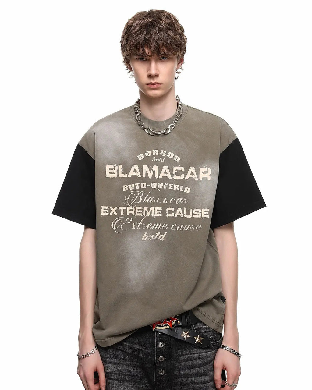 Patchwork washed graphic T-shirt by Flation streetwear featuring colorful patchwork design and casual fit.