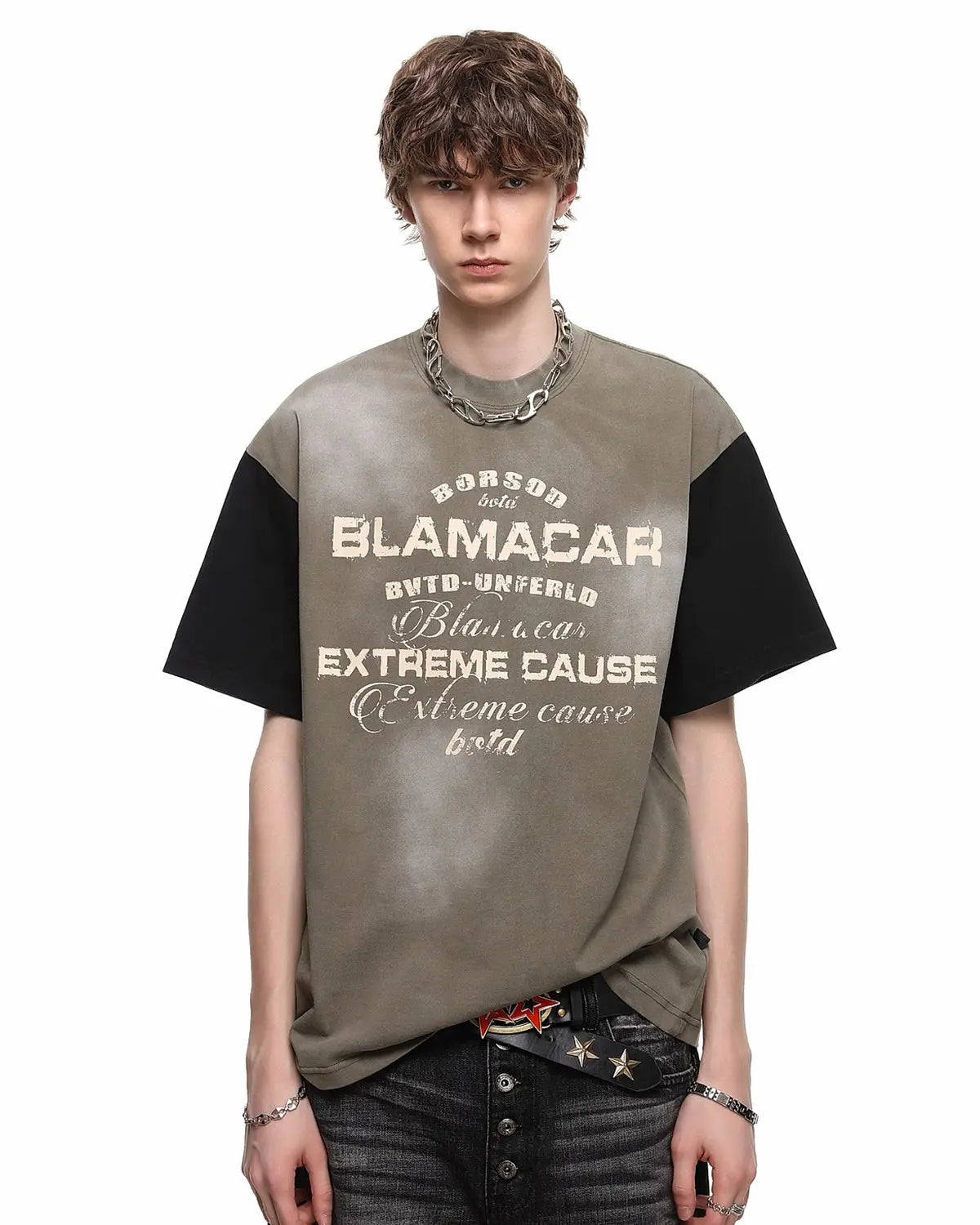 Patchwork washed graphic T-shirt by Flation streetwear featuring colorful patchwork design and casual fit.