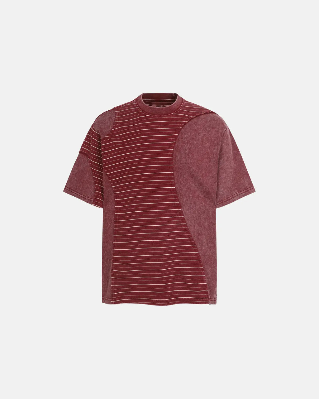 Red striped patchwork washed T-shirt by Flation Streetwear, featuring a casual fit and vibrant patchwork design.