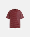 Red and black striped patchwork washed T-shirt by Flation Streetwear, casual fit with vibrant, patchy design.