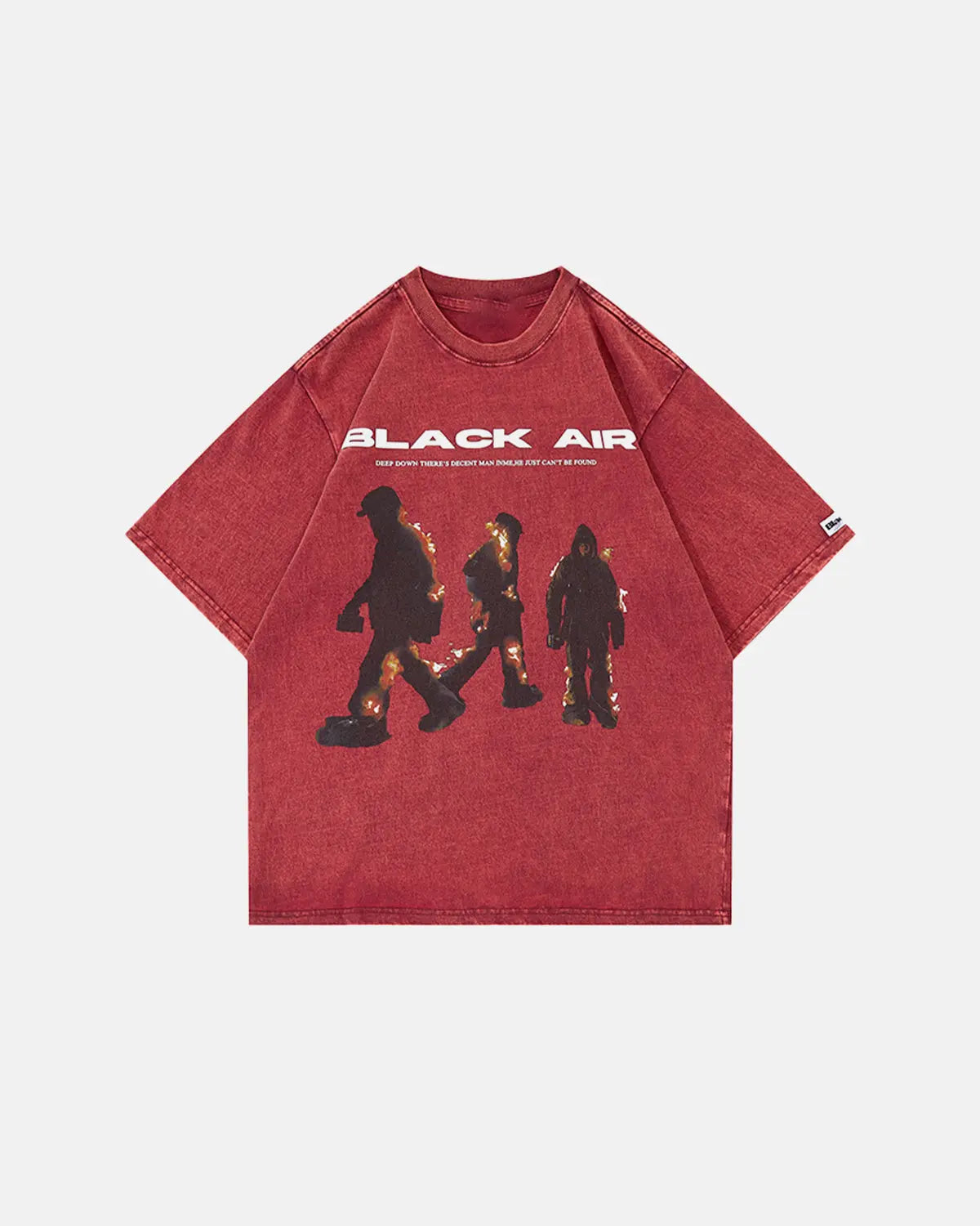 Red washed oversized graphic T-shirt by Flation Streetwear featuring bold street art design and relaxed fit.