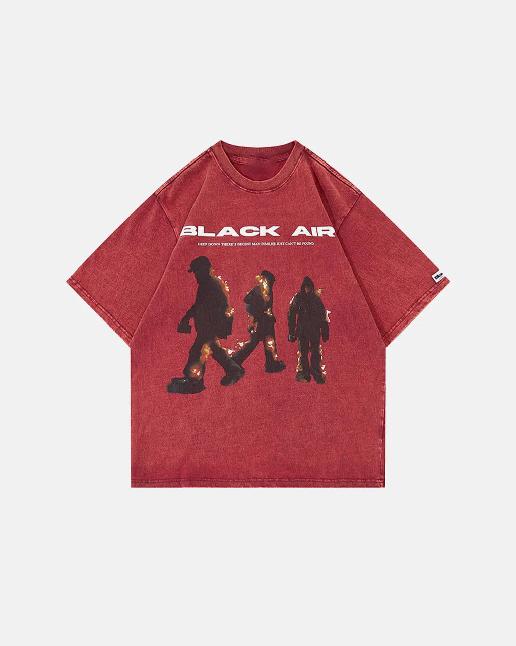 Red washed oversized graphic T-shirt by Flation Streetwear featuring bold printed design and relaxed fit.