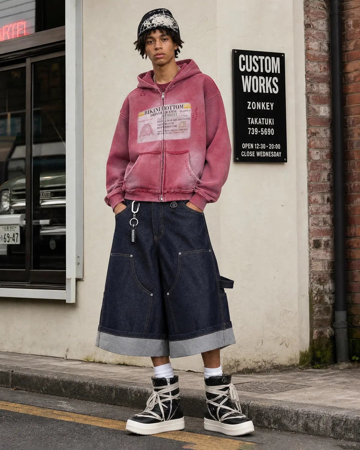 Red Flation Graphic Ripped Washed Zip Up Hoodie with streetwear style, featuring a distressed design and front zipper.