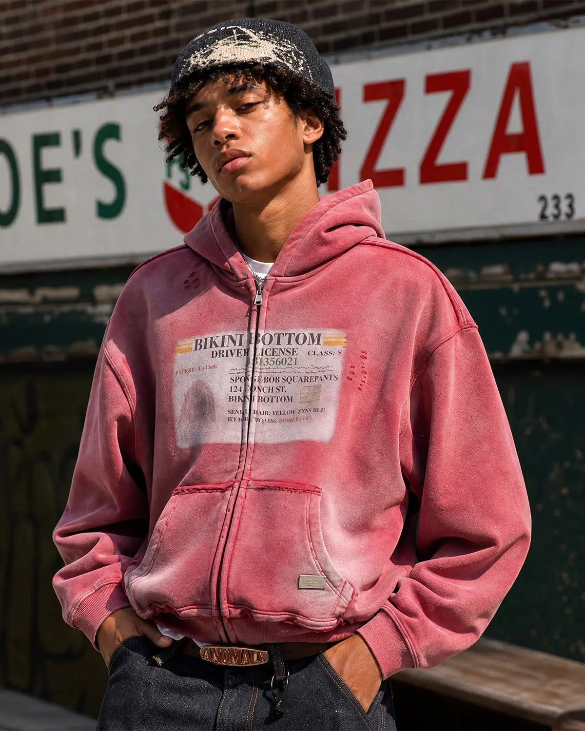 Red Flation Graphic Ripped Washed Zip Up Hoodie featuring distressed detailing and streetwear style.