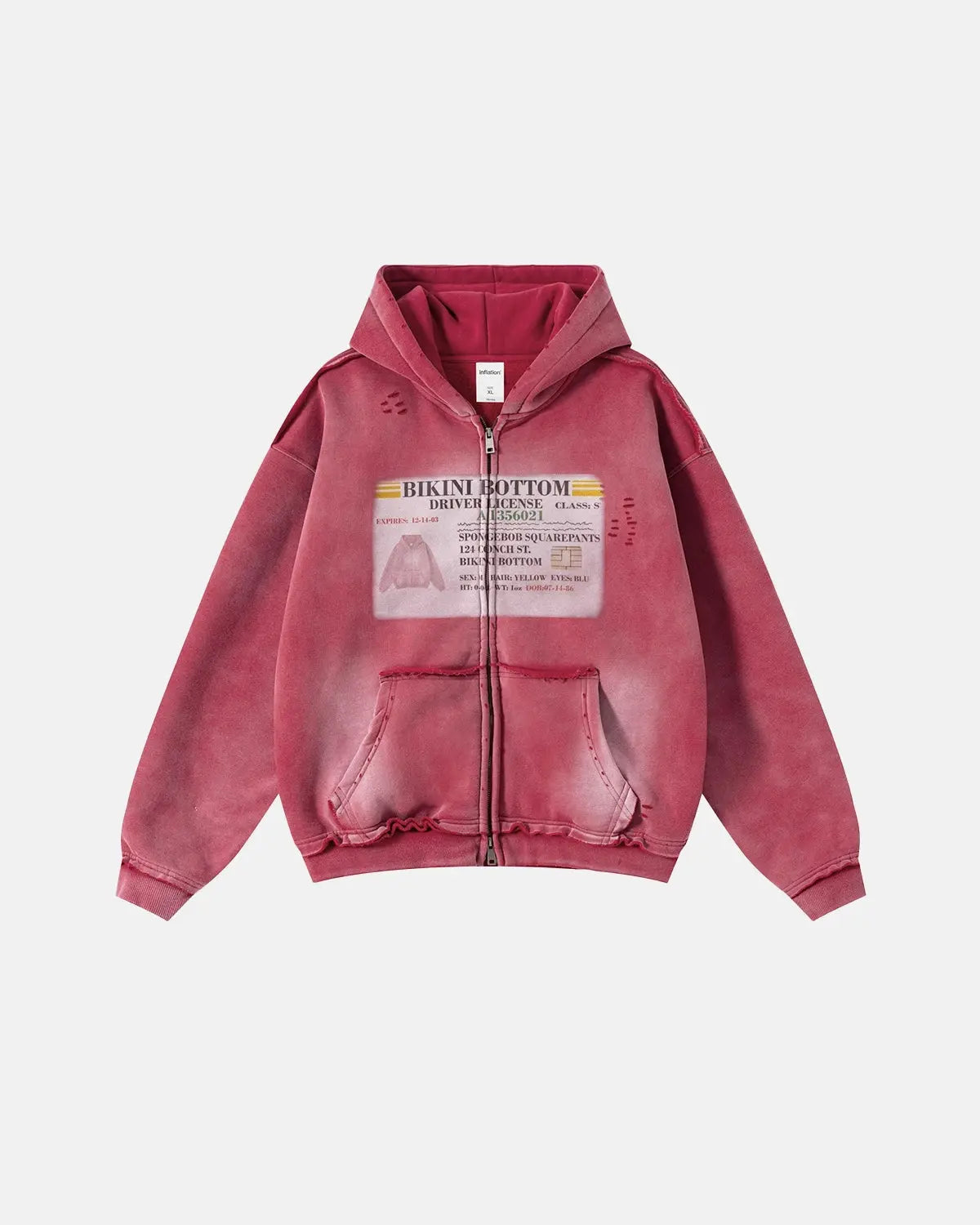 Red Flation graphic ripped washed zip-up hoodie with distressed details and streetwear style, front view.