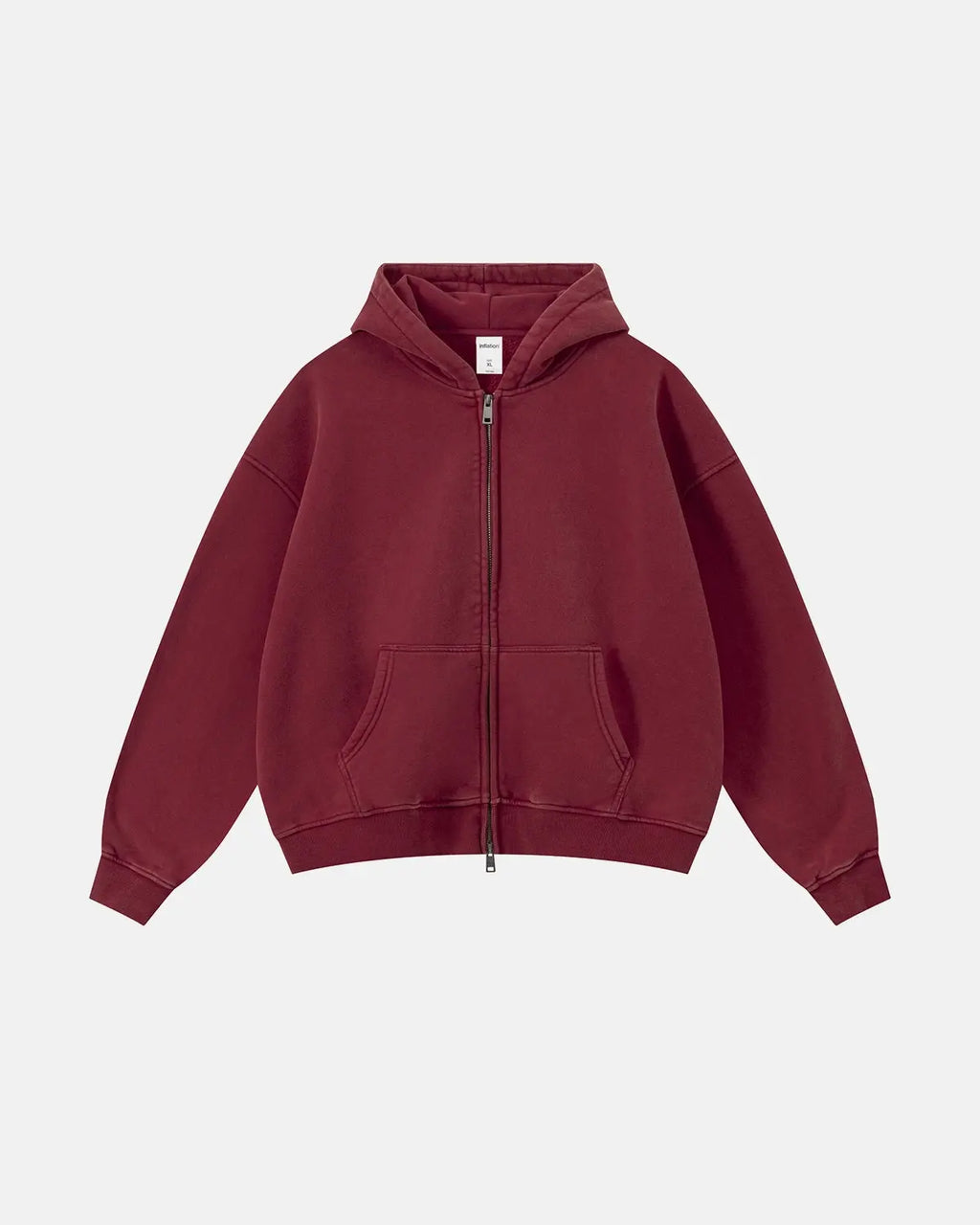 Red vintage washed fleece boxy zip hoodie by Flation Streetwear, featuring a relaxed fit and casual streetwear style.
