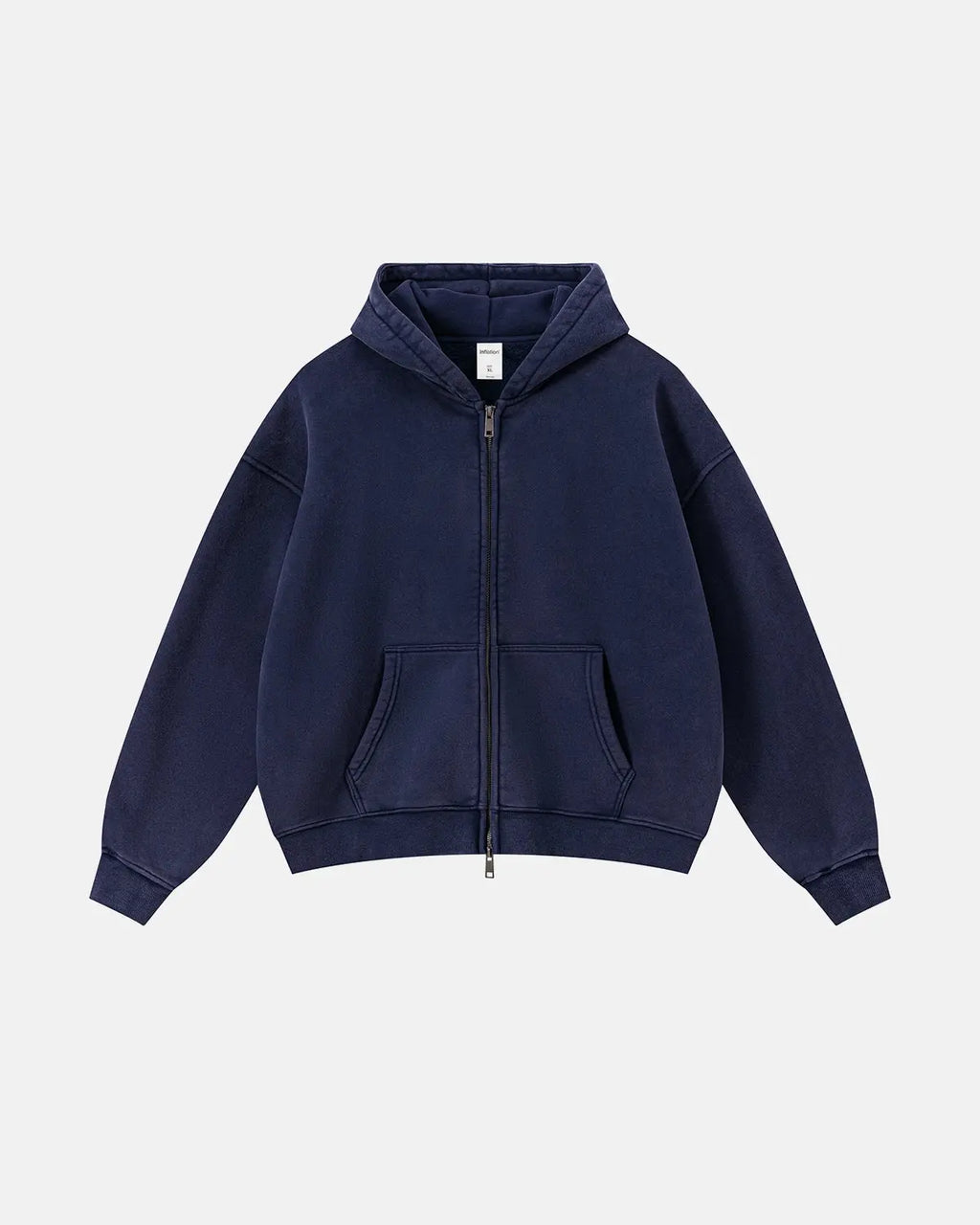 Red vintage washed fleece boxy zip hoodie by Flation streetwear, showing the front view with a full zipper and relaxed fit.