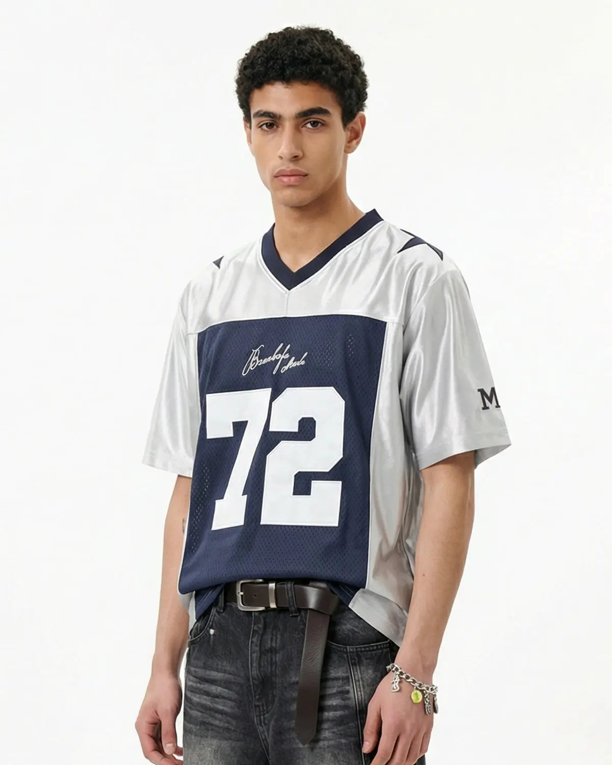 Royal blue vintage 72 mesh football jersey by Flation featuring classic streetwear style and sporty design.