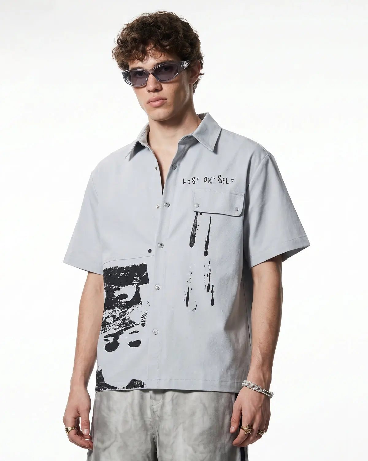 Flation streetwear shirt featuring abstract graphic print, casual men's fashion top with artistic design and modern style.