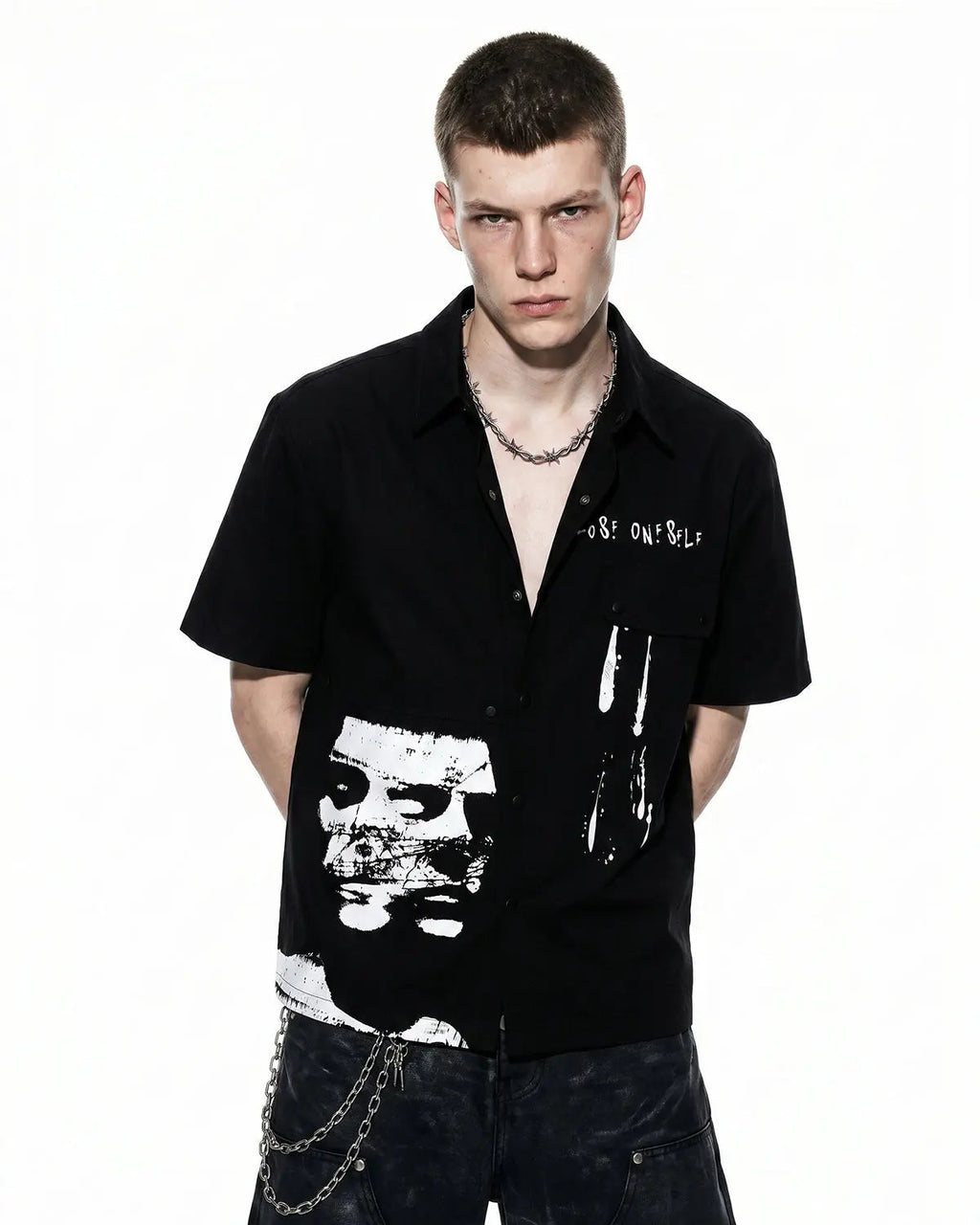Men's Flation streetwear shirt with abstract graphic print, featuring vibrant, artistic design on a comfortable casual shirt.