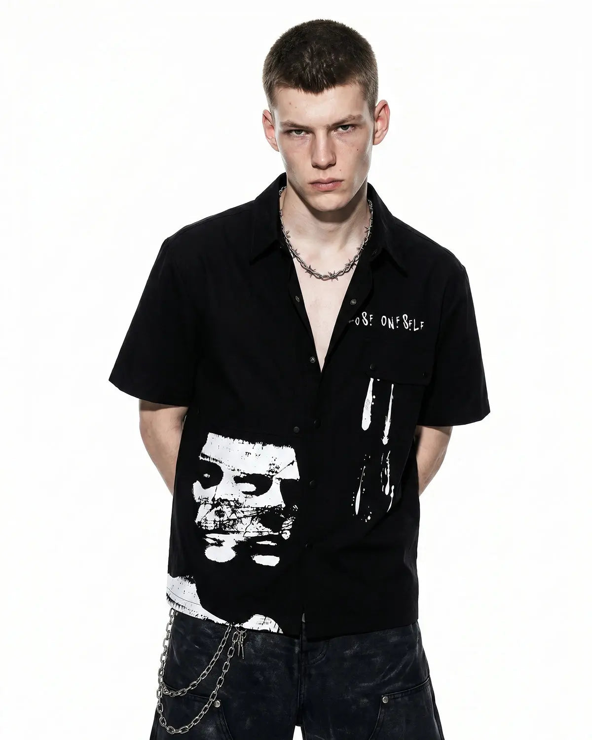 Men's Flation streetwear shirt with abstract graphic print, featuring vibrant, artistic design on a comfortable casual shirt.