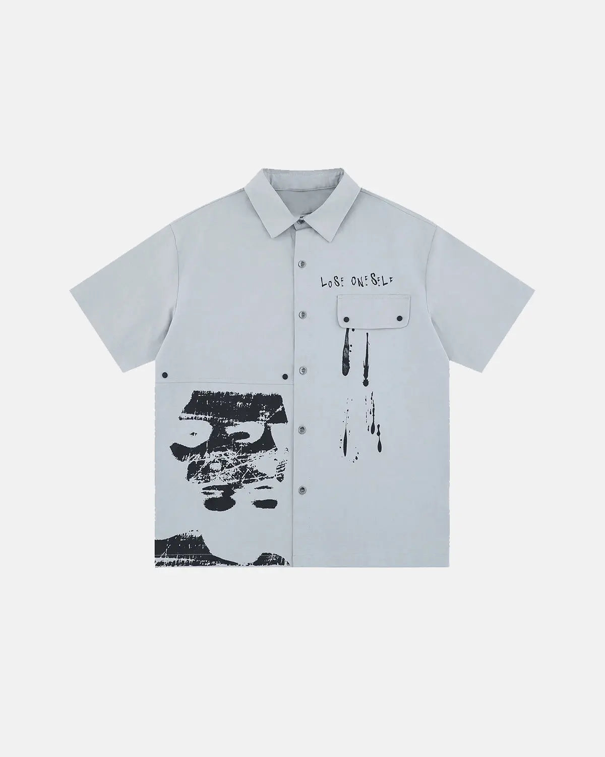 Flation streetwear shirt with abstract graphic print, showcasing bold, modern design on a stylish casual shirt.