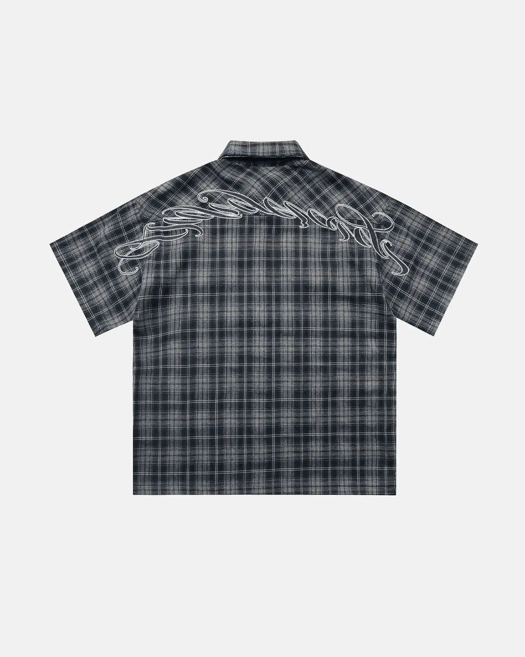 Plaid Script Embroidered Flation streetwear shirt featuring a classic plaid pattern and embroidered branding detail.