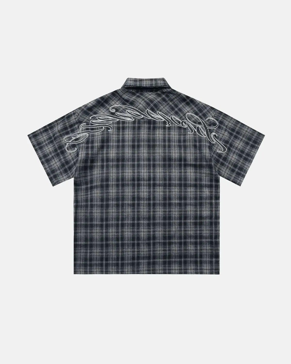 Plaid Script Embroidered Flation streetwear shirt featuring a classic plaid pattern and embroidered branding detail.