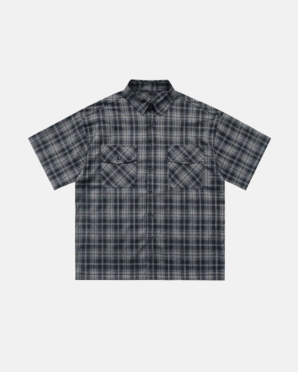 Flation plaid script embroidered shirt featuring a classic checkered pattern and detailed embroidery on the front.