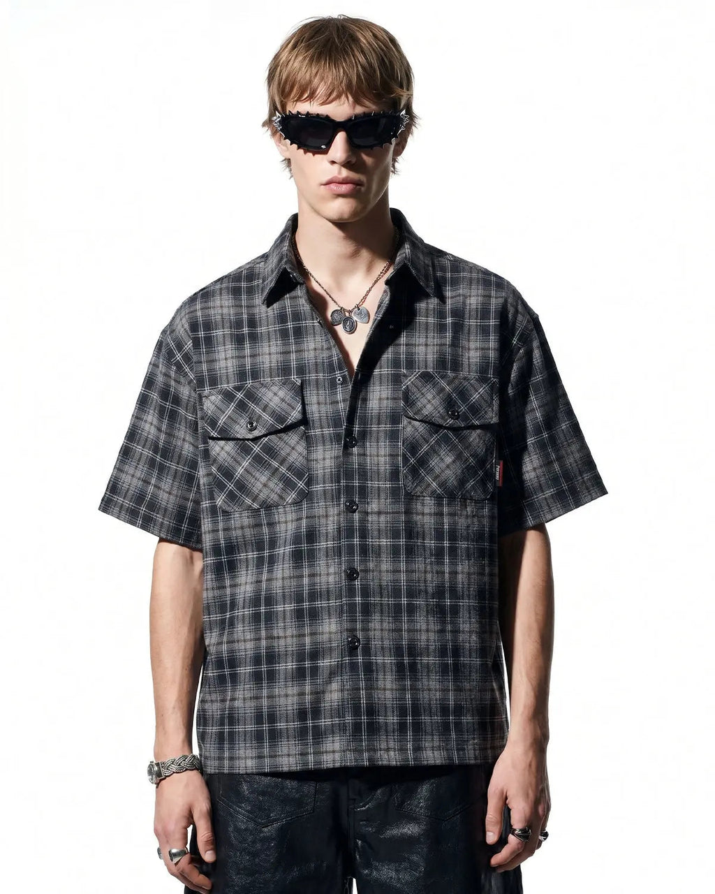 Flation plaid script embroidered shirt featuring a casual button-up design with a classic plaid pattern and embroidered detailing.