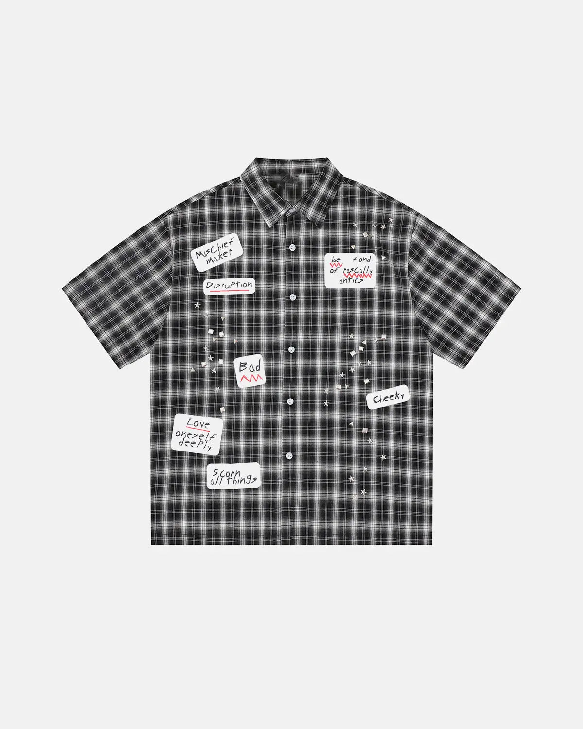 Flation Plaid Sticker Graphic Studded Shirt, casual streetwear shirt with plaid pattern and studded details, front view.